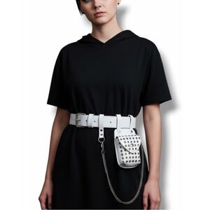 White Studded Mini Bag & Chain Belt - Gothic Y2K Streetwear Utility Pouch NWT